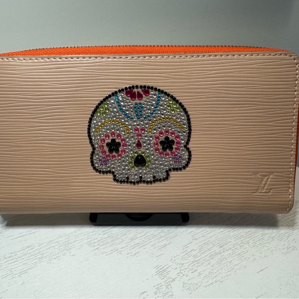 Designer Inspired Dusty Rose and Orange Skull Embellished Wallet